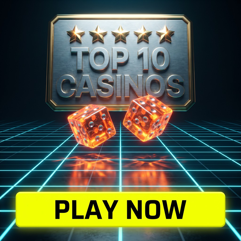 Top 10 casinos with glowing dice over a neon grid